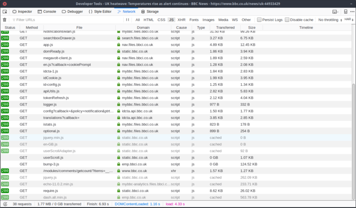 Screenshot of javascript requests made by
www.bbc.co.uk/news/uk-44933429