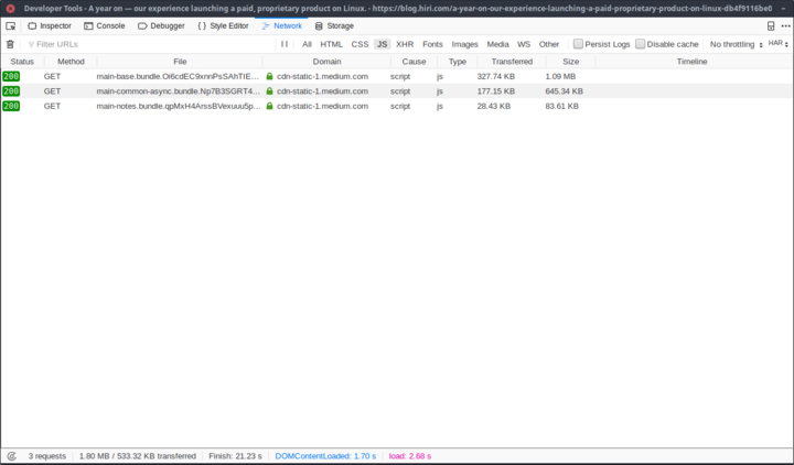 Screenshot of javascript requests made by
blog.hiri.com/a-year-on-our-experience-launching-a-paid-proprietary-product-on-linux-db4f9116be08