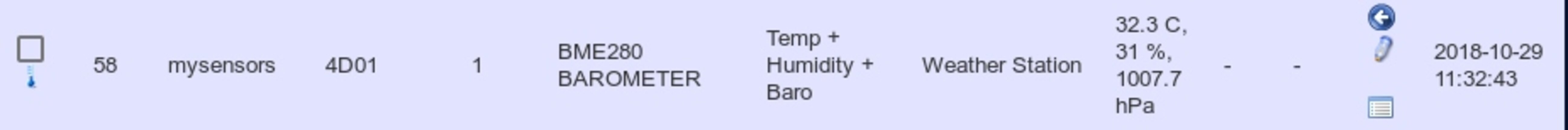 Example outcome for a BME280: once it's sending temperature, humidity,
and pressure data, Domoticz automatically joins the 3 sensors into a
single Weather Station entry