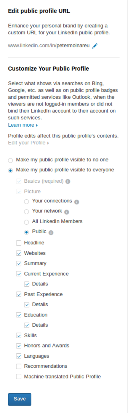 LinkedIn public profile
settings