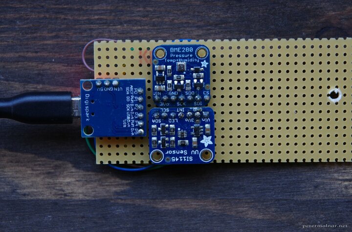 Proto-assembly of Digispark ATTiny85, Adafruit BME280, and Adafruit
SI1145