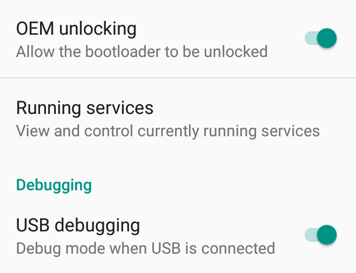 OEM unlock and USB debugging
options