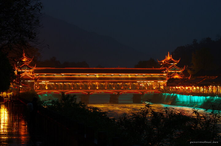 One of the bridges in Dujiangyan, bathing in LED lights at
night