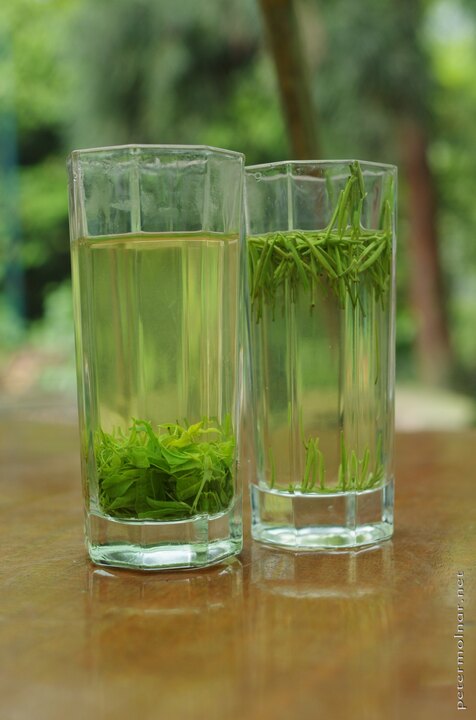 Fresh tea from leaf on the left, buds on the
right