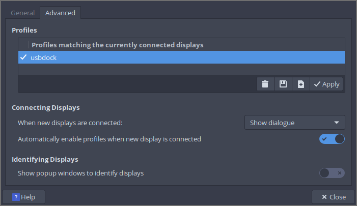 XFCE display dialogue with the Advanced tab open, showing a save profile