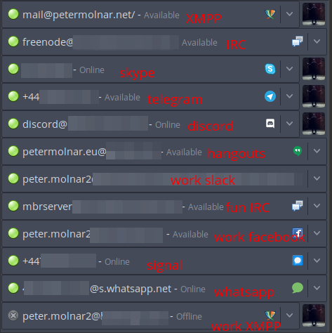 This is how my Pidgin, my multi-protocol application looked in 2020.
Wouldn't it be simpler to have only one for work, and another for
personal?